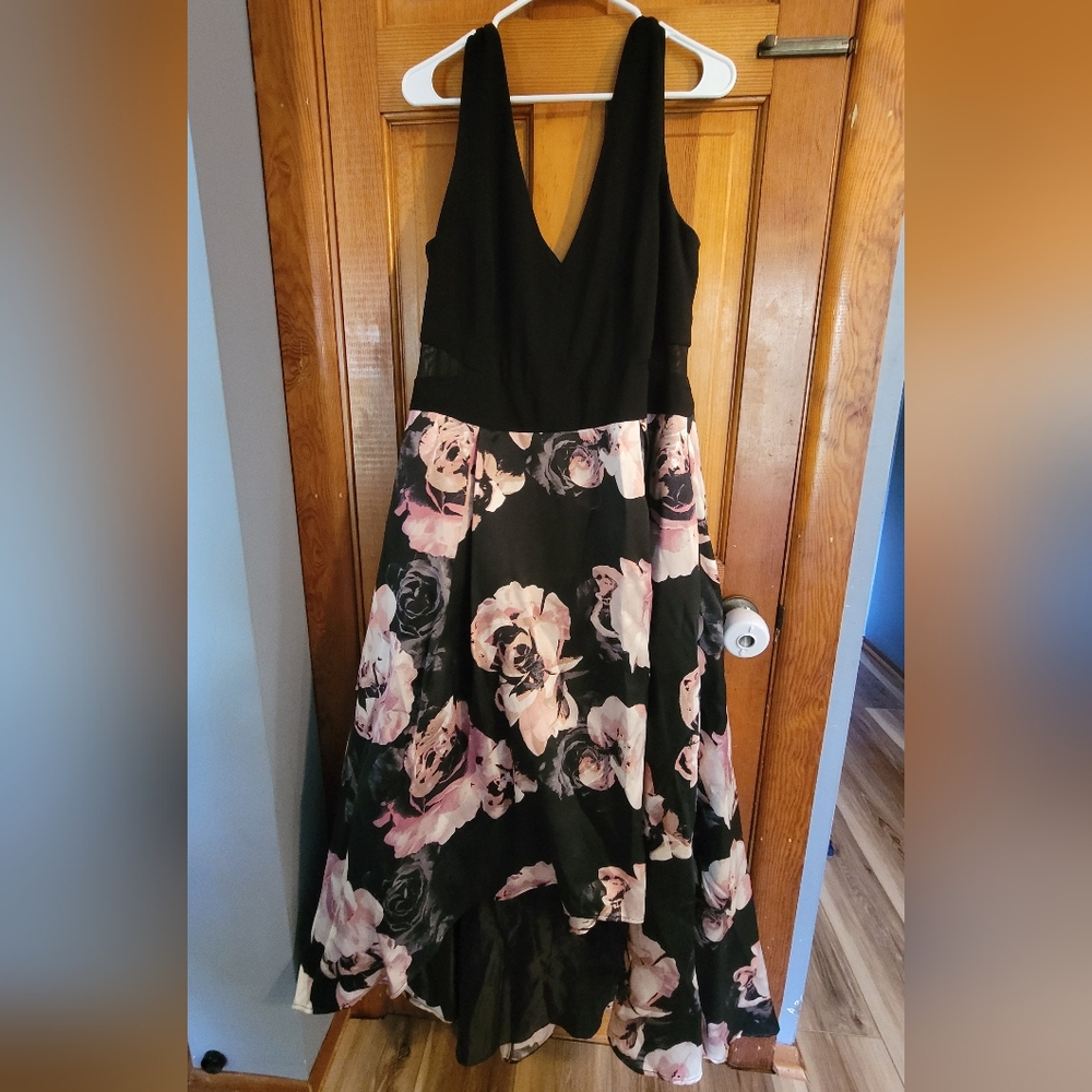 X By Xscape High Low Black and Pink Floral Gown